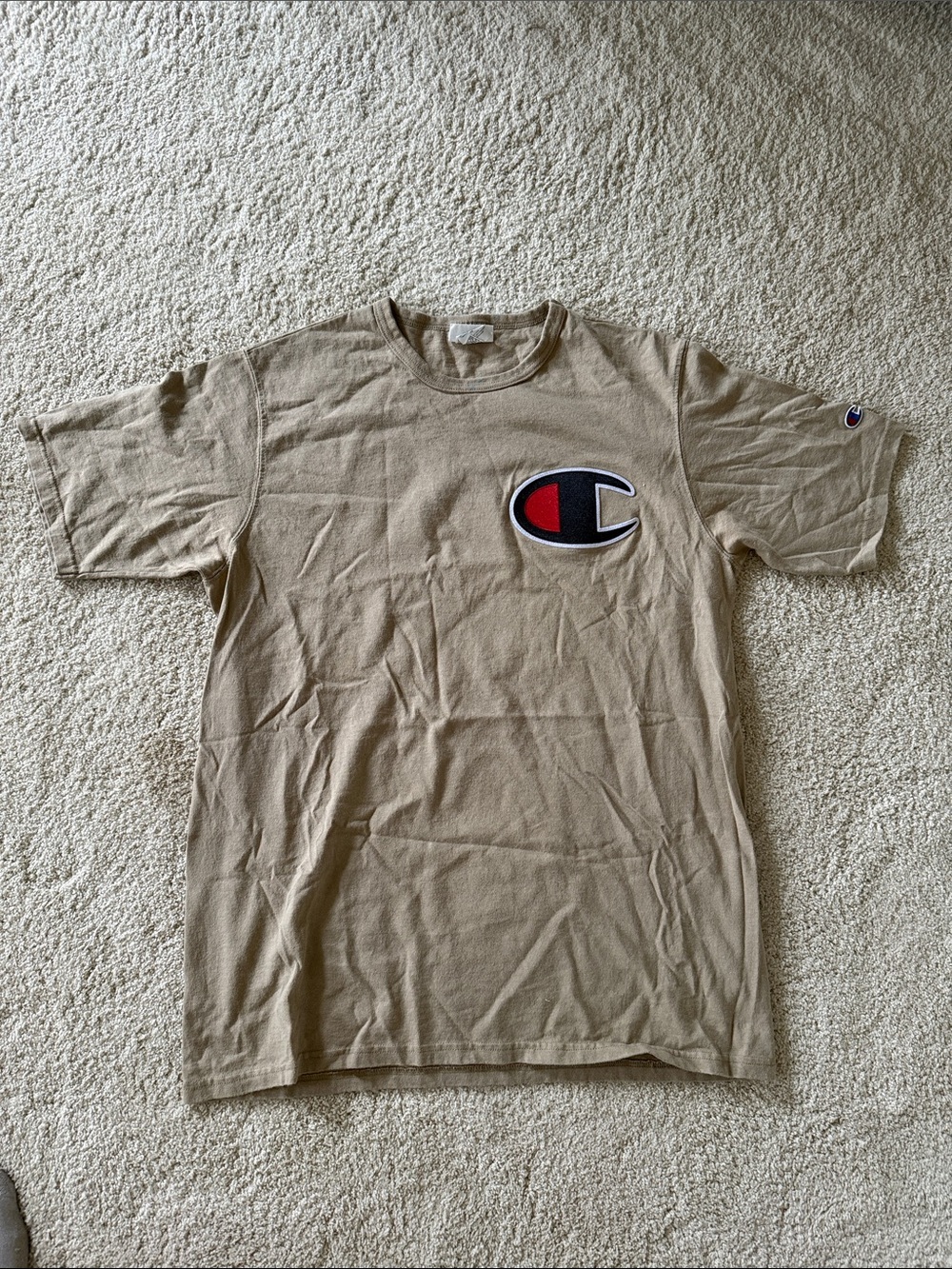 Champion Tan Short Sleeve Crewneck with Large Logo Patch